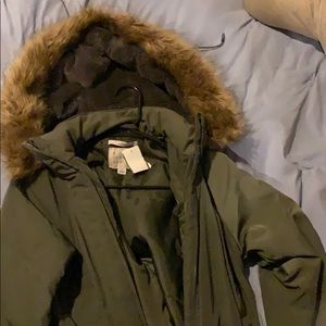 Army green coat with fur.